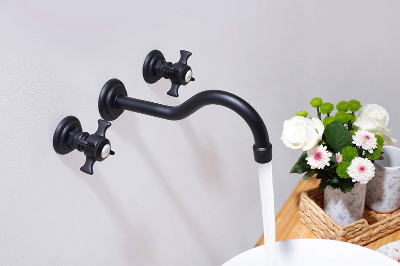 SITGES Antique Wall Faucet,Two Handle Bathroom Sink Wall Mount Faucet with Rough in Valve Included,Matte Black - Image 3